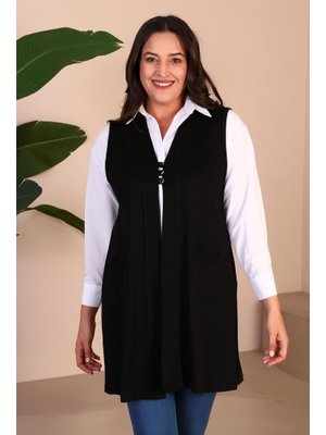 Siyah Kadin Buyuk Beden Tesettur Düğmeli Ve Cepli Esnek Yelek