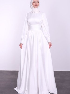 Bel Ve Kol Detaylı Saten Abiye Elbise Beyaz