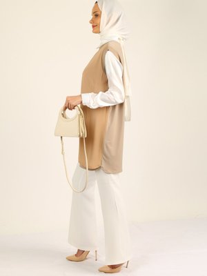 Triko Detaylı Önü Şifon Yırtmaçlı Tunik/süveter