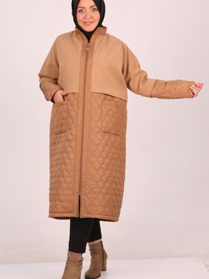 Taba Büyük Beden Kaşe Detaylı Kapitone Kaban