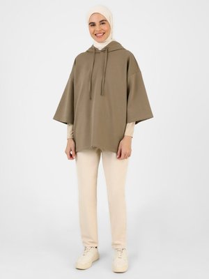 Kapüşonlu Yarım Kollu Oversize Sweatshirt Koyu Vizon