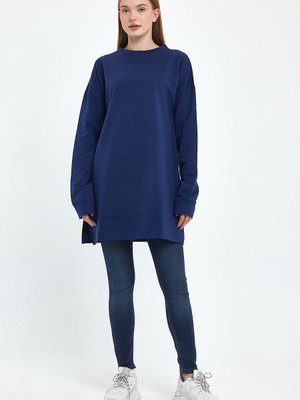 İndigo Bisiklet Yaka Yırtmaç Detaylı Basic Örme Sweatshirt İndigo Bisiklet Yaka Yırtmaç Detaylı Basic Örme Sweatshirt