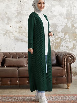 Jolie Örgü Desenli Triko Uzun Hırka Zümrüt Yeşili