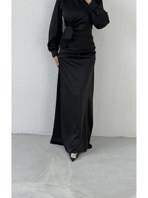 Büzgü Ve Düğüm Detaylı Saten Abiye Elbise Siyah Büzgü Ve Düğüm Detaylı Saten Abiye Elbise Siyah