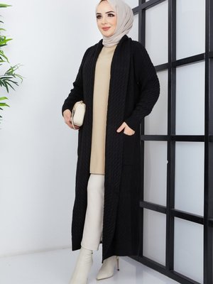 Siyah Şal Yaka Örgü Detaylı Cepli Triko Hırka