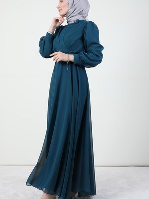 Önü Çapraz Şifon Elbise Petrol