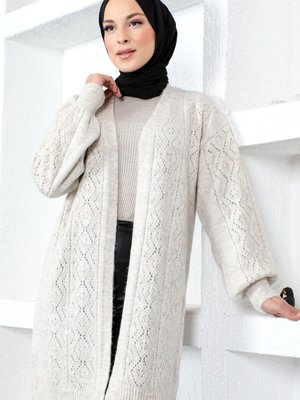 Kendinden Desenli Triko Hırka Ekru