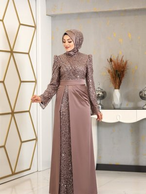 Pullu Drapeli Şehrazat Abiye Elbise Vizon Pullu Drapeli Şehrazat Abiye Elbise Vizon