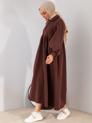 Oversize Yarım Düğmeli Kahve Sweat Elbise