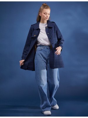 Kaz Ayağı Desenli Kısa Trençkot Lacivert