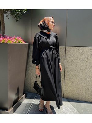 Siyah Krep Bebe Yaka Elbise