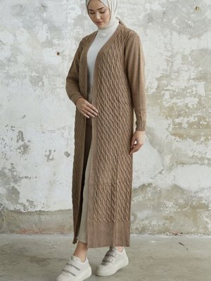 Jolie Örgü Desenli Triko Uzun Hırka Camel