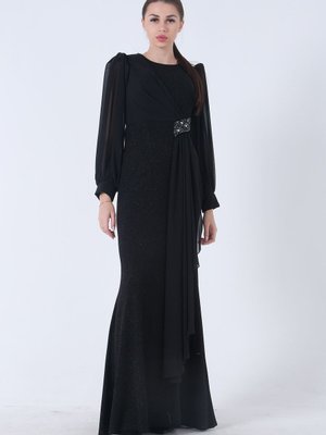 Siyah Tül Detaylı Simli Abiye Elbise Siyah Tül Detaylı Simli Abiye Elbise