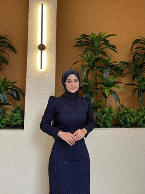 Simli Belden Kuşaklı Lacivert Abiye Elbise