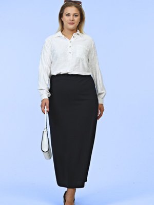 Kadin Buyuk Beden Etek Tesettur Astarli Anne Etegi Beli Lastikli Siyah