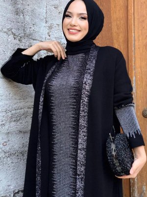 Siyah (siyah Gümüş) Simli Elbiseli Triko Takım T