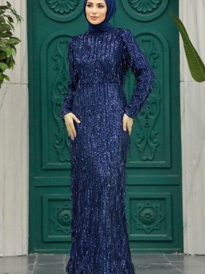Pul Payet İşlemeli Lacivert Abiye Elbise Pul Payet İşlemeli Lacivert Abiye Elbise