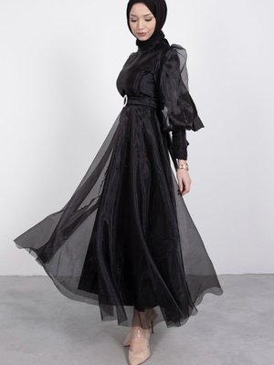 Balon Kol Kloş Kesim Tessetür Abiye Elbise Balon Kol Kloş Kesim Tessetür Abiye Elbise