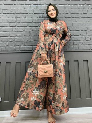 Güğüs Kısmı Gizli Düğmeli Bel Kuşaklı Baskı Desenli Tulum Gül Kurusu