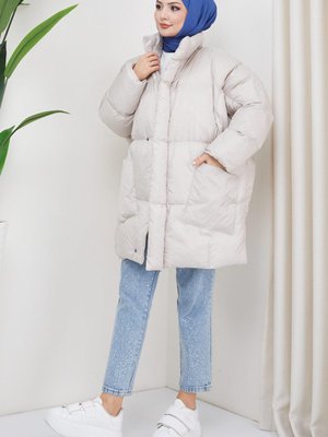 Oversize Torba Cep Şişme Mont Ekru Oversize Torba Cep Şişme Mont Ekru