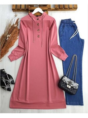 Düğmeli Kapşonlu Tam Boy Tunik