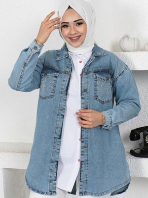 İnci Detaylı Kot Ceket Mavi