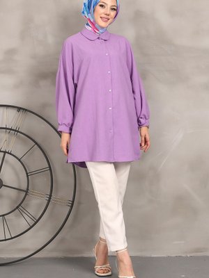 Lila Kol Bağlamalı Kendinden Desenli Gömlek