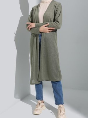 Sade İnce Uzun Haki Hırka