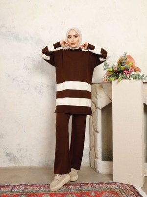 Kahverengi Garnili Triko İkili Takım