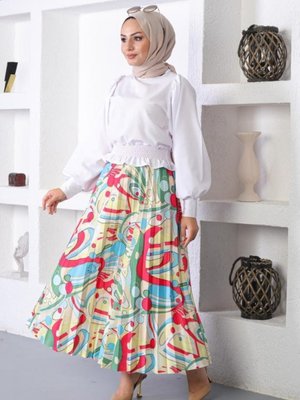 4532 Desenli Tesettür Piliseli Etek Fuşya