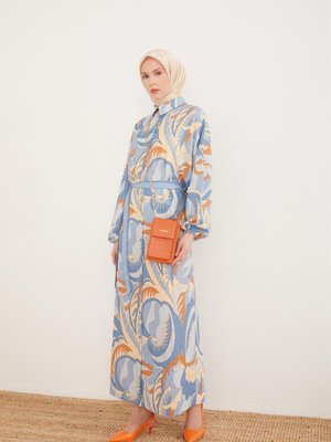 Kemeri Çizgi Garnili Empirme Elbise Mavi