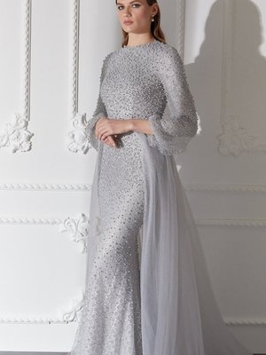 Tıara Organze Detaylı İnci Işlemeli Uzun Kollu Abiye Elbise Gri B9