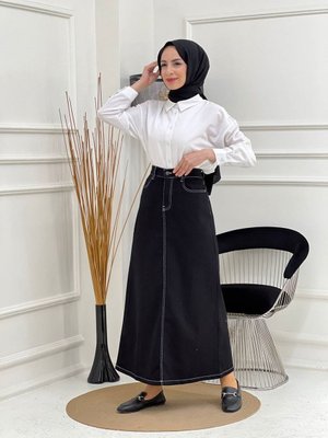 Doğal Kumaşlı Kontrast Dikişli Kot Etek Siyah