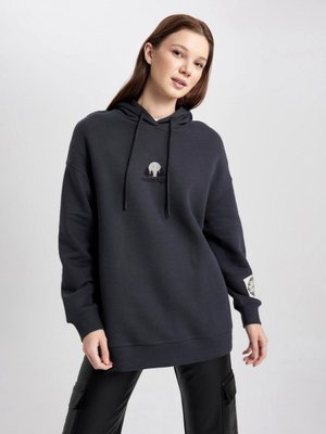 Regular Fit Kapüşonlu Nakışlı İçi Yumuşak Tüylü Kalın Sweatshirt Tunik