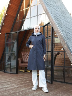 Cep Detaylı Trençkot Lacivert