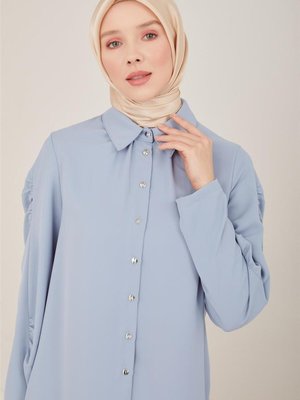 Büzgü Detaylı Gömlek Gri Mavi