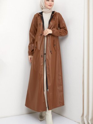 Kapüşonlu Bağlamalı Uzun Deri Trençkot Taba Kapüşonlu Bağlamalı Uzun Deri Trençkot Taba