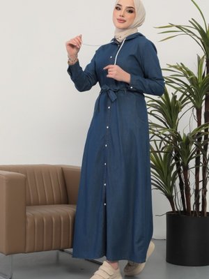 Kapüşonlu Boydan Düğmeli Hera Kot Kap Koyu Mavi