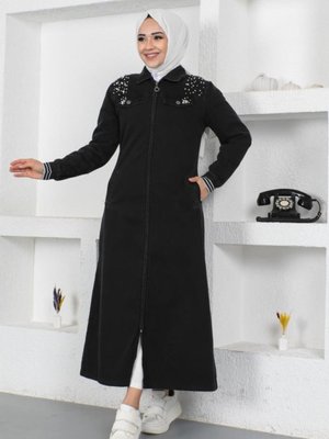 İnci Detaylı Uzun Kot Kap Siyah