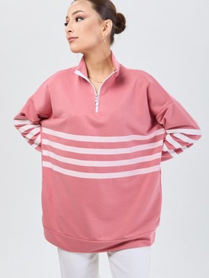 Gul Yakası Fermuarlı Çizgi Desen Sweatshirt