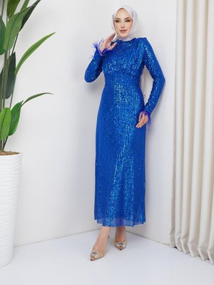 Manşeti Tüy Detaylı, Payetli Abiye Elbise Saks Mavisi