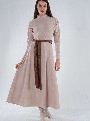 Bej Beli Kemerli Örme Elbise Bej Beli Kemerli Örme Elbise