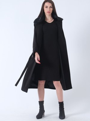 Siyah Oversize Geniş Kesim Uzun Yakası Kürklü Kaşe Kaban