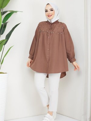 Yakasi İpli İnci Detaylı Dügmeli Gömlek