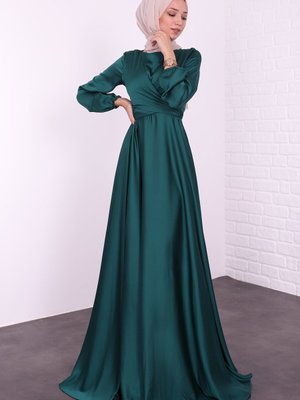 Çapraz Kuşaklı Abiye Elbise Zümrüt