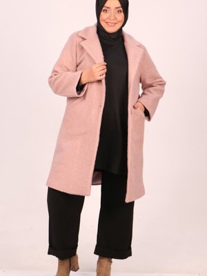 Pudra Büyük Beden Düğmeli Kıvırcık Kuzu Kaban