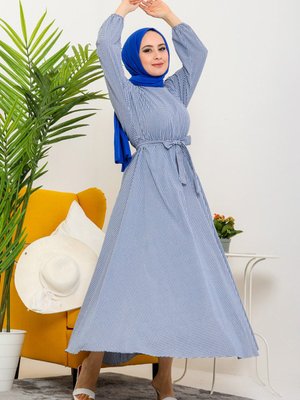 Kuşaklı Yarasa Kol Elbise Mavi Kuşaklı Yarasa Kol Elbise Mavi