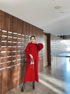 Balon Kol Elbise Kırmızı Balon Kol Elbise Kırmızı