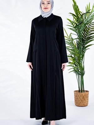 Göynük Ön Bedeni Nakış Detaylı Plili Siyah Ferace