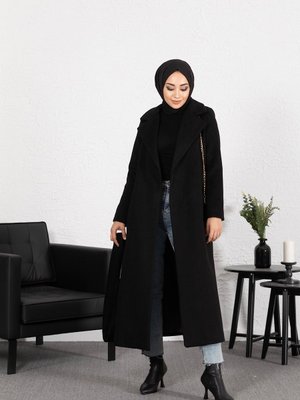 Geniş Yaka Kuşaklı Uzun Kaban Siyah